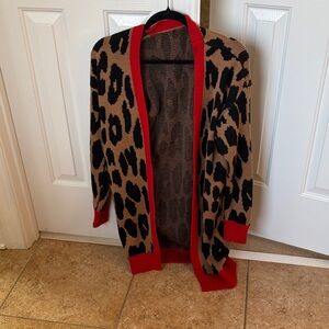 Chic Leopard Print Cardigan with Red Accents